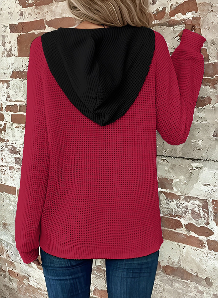 Half Button Raglan Sleeve Drawstring Hoodie