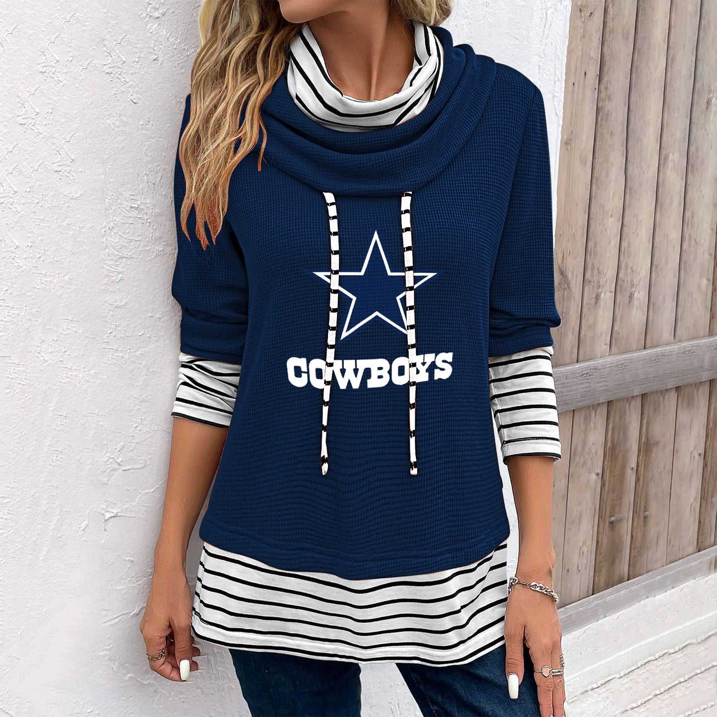 Patchwork Striped Cowl Neck Long Sleeve Sweatshirt