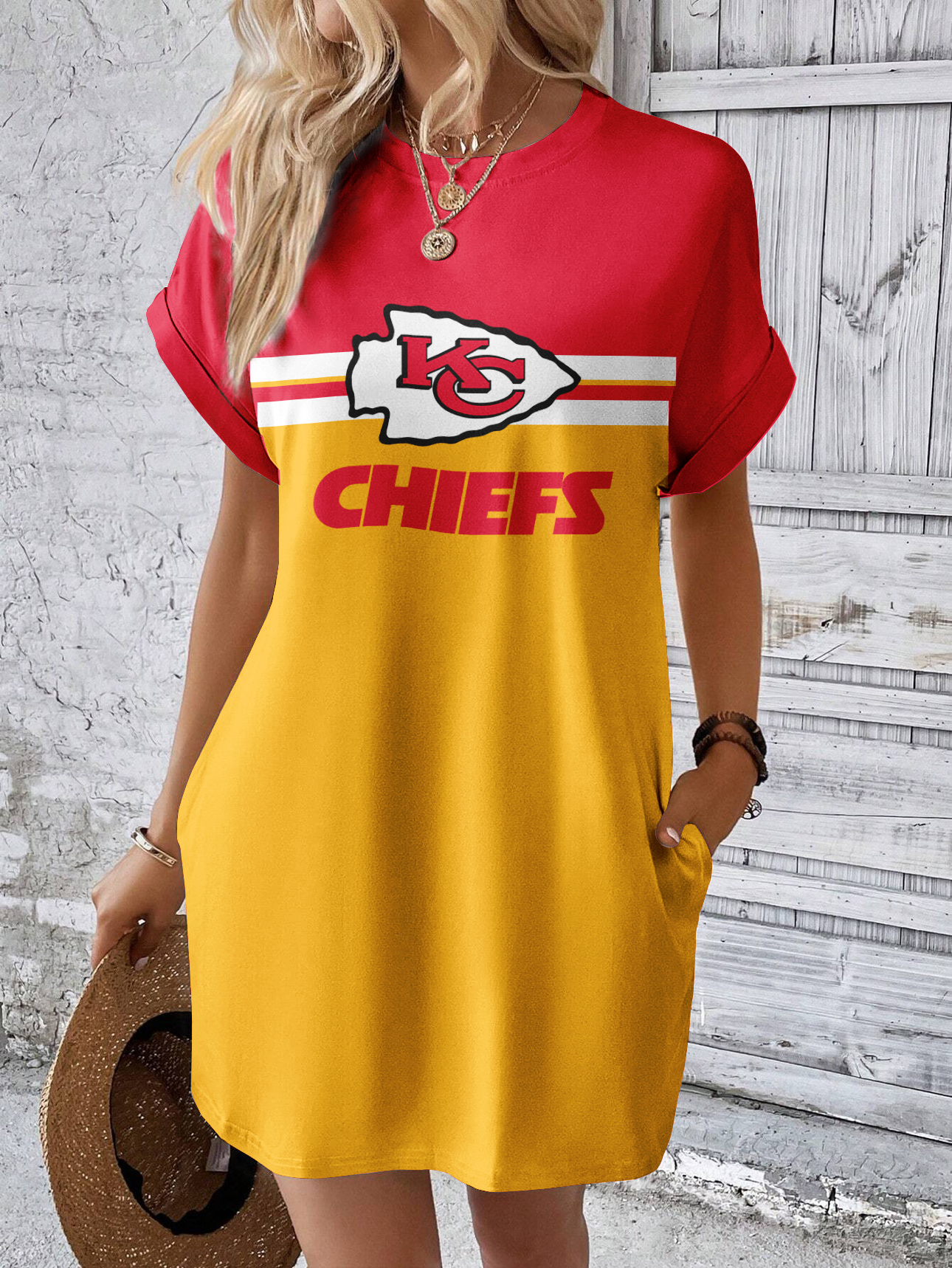 Kansas City Chiefs Solid Hidden Pocket Batwing Sleeve Tee Dress