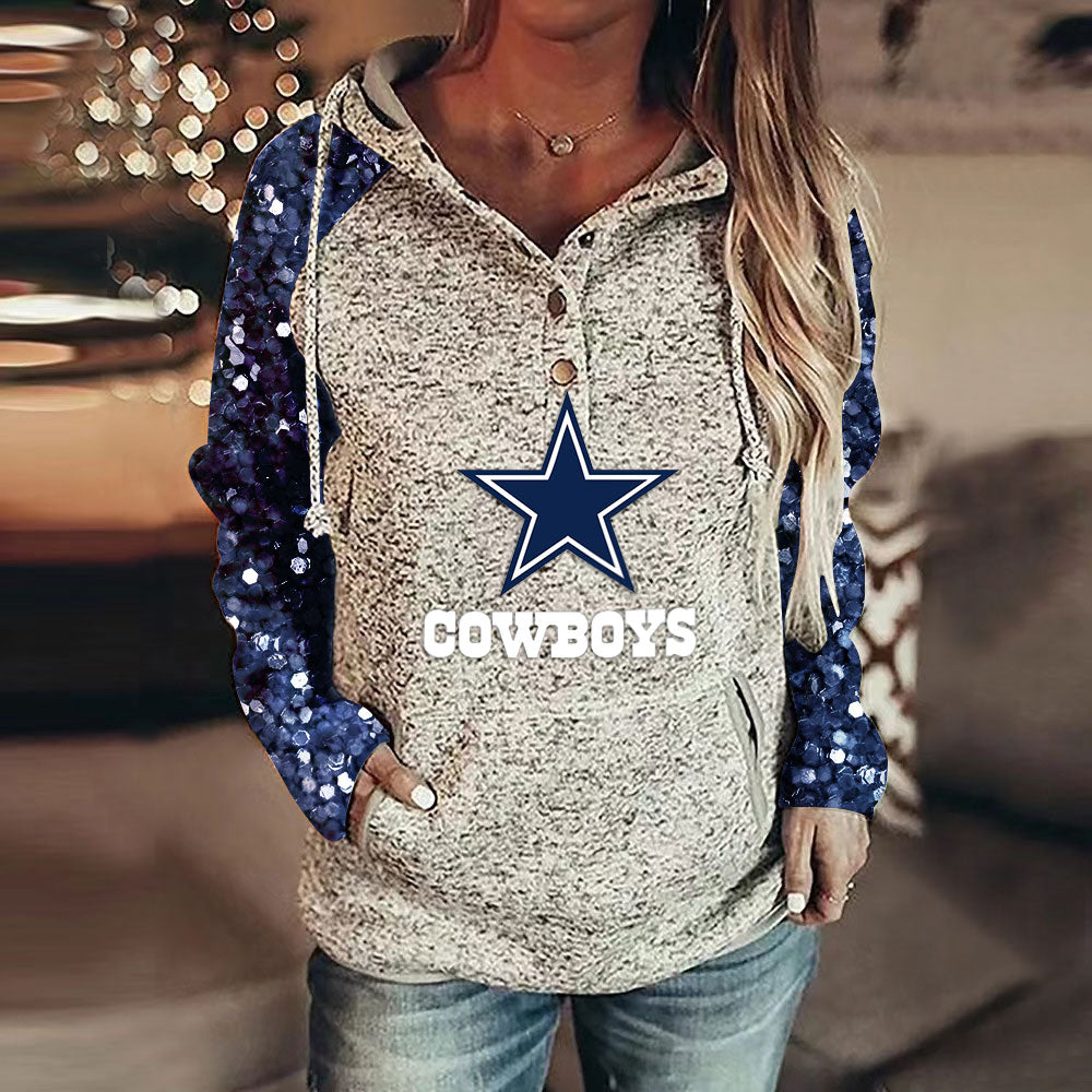 Casual Sequined Sleeves Loose Stitched Print Hoodie
