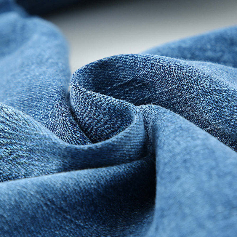 STRETCH RIPPED FRAYED RAW HEM DISTRESSED DENIM JEANS WITH HOLE