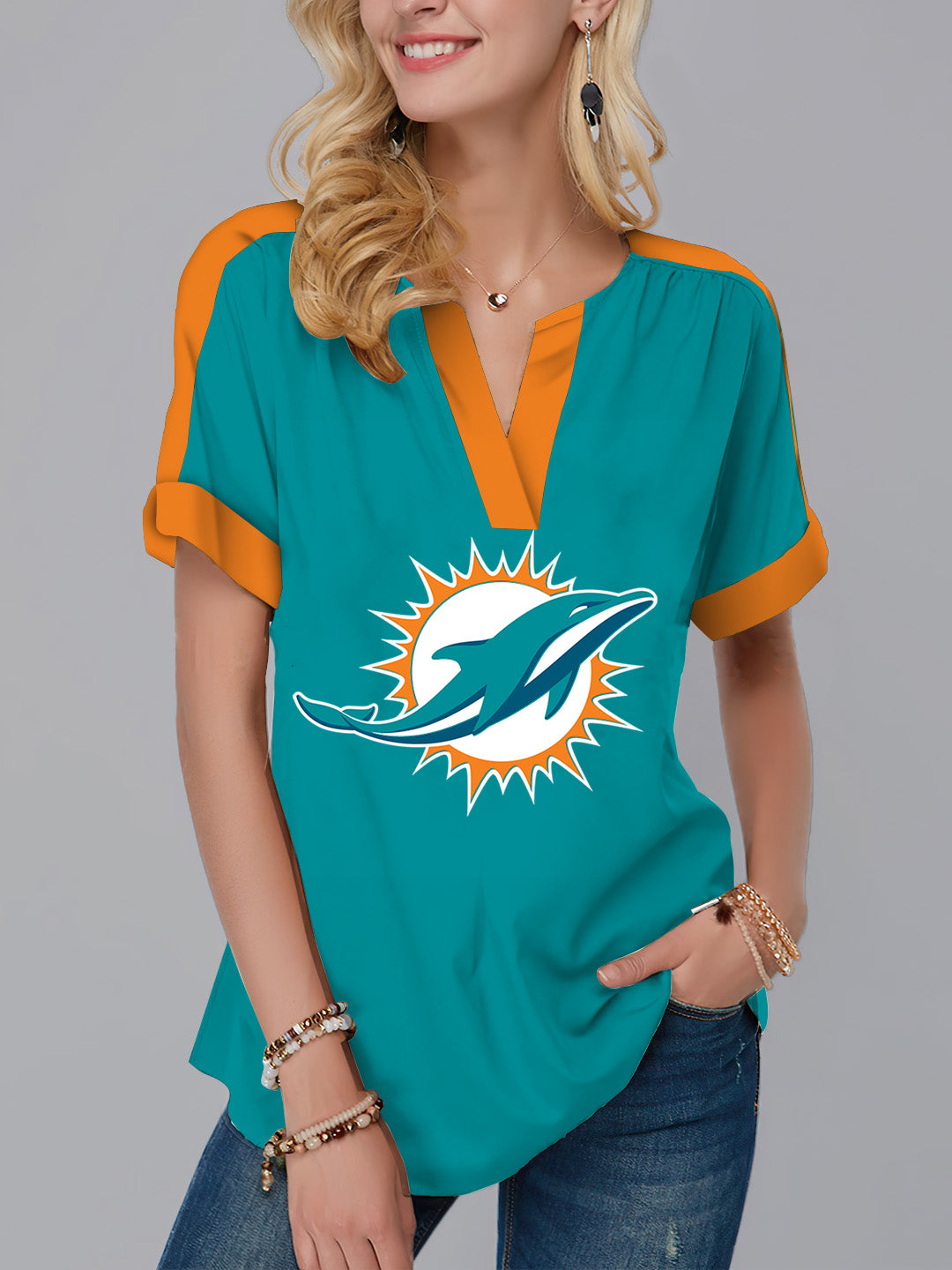 Miami Dolphins Fashion Short Sleeve V-Neck Shirt
