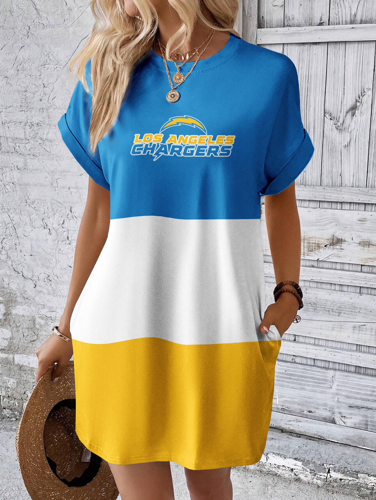 Los Angeles Chargers Solid Hidden Pocket Batwing Sleeve Tee Dress