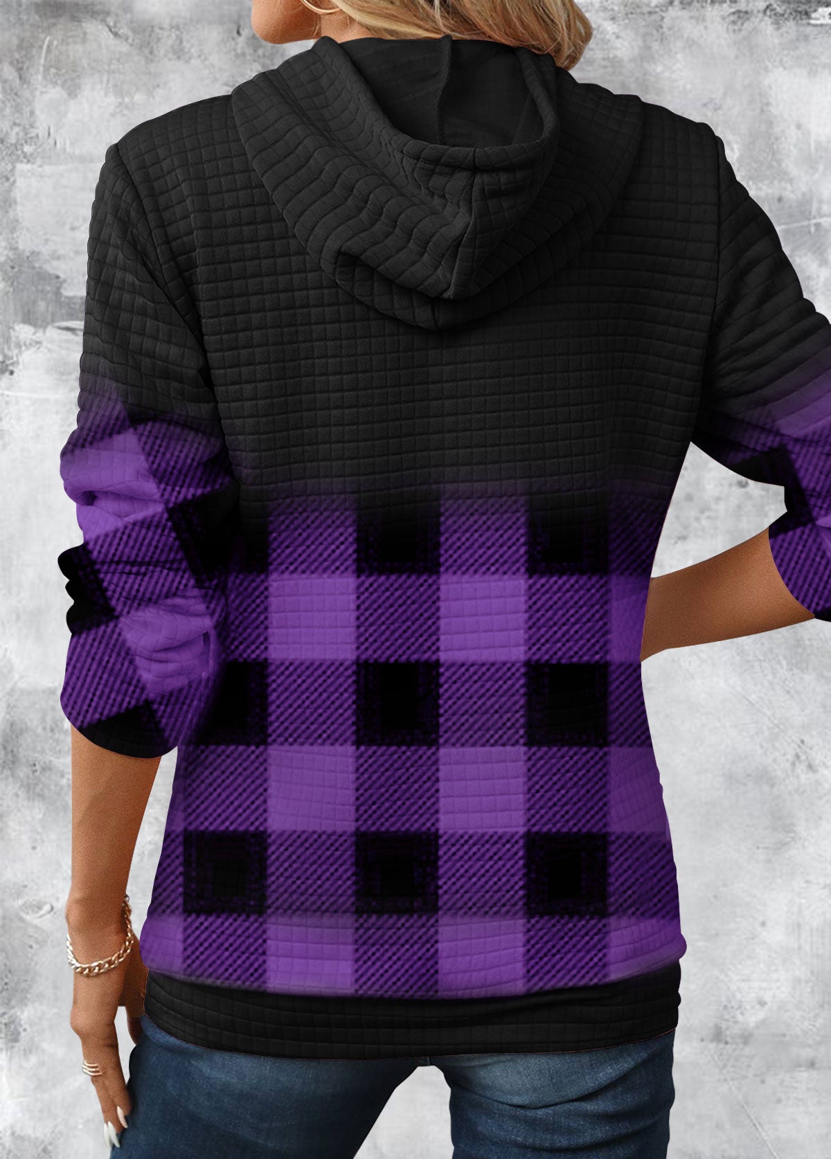 Gradient Patchwork Plaid Long Sleeve Hoodie