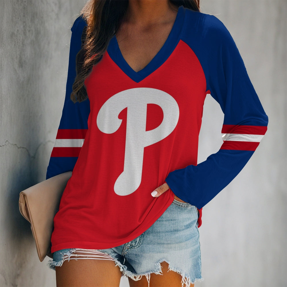 Women's V-neck Double-layered Long-sleeved Loose T-shirt