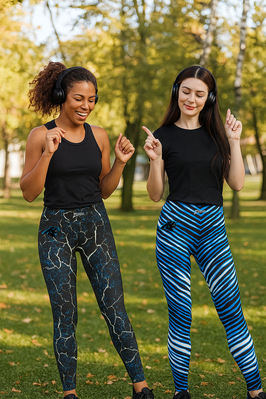 Zubaz NFL Women's 2 Pack Zebra 2 Color And Marble Leggings with Pimary Logo, Carolina Panthers