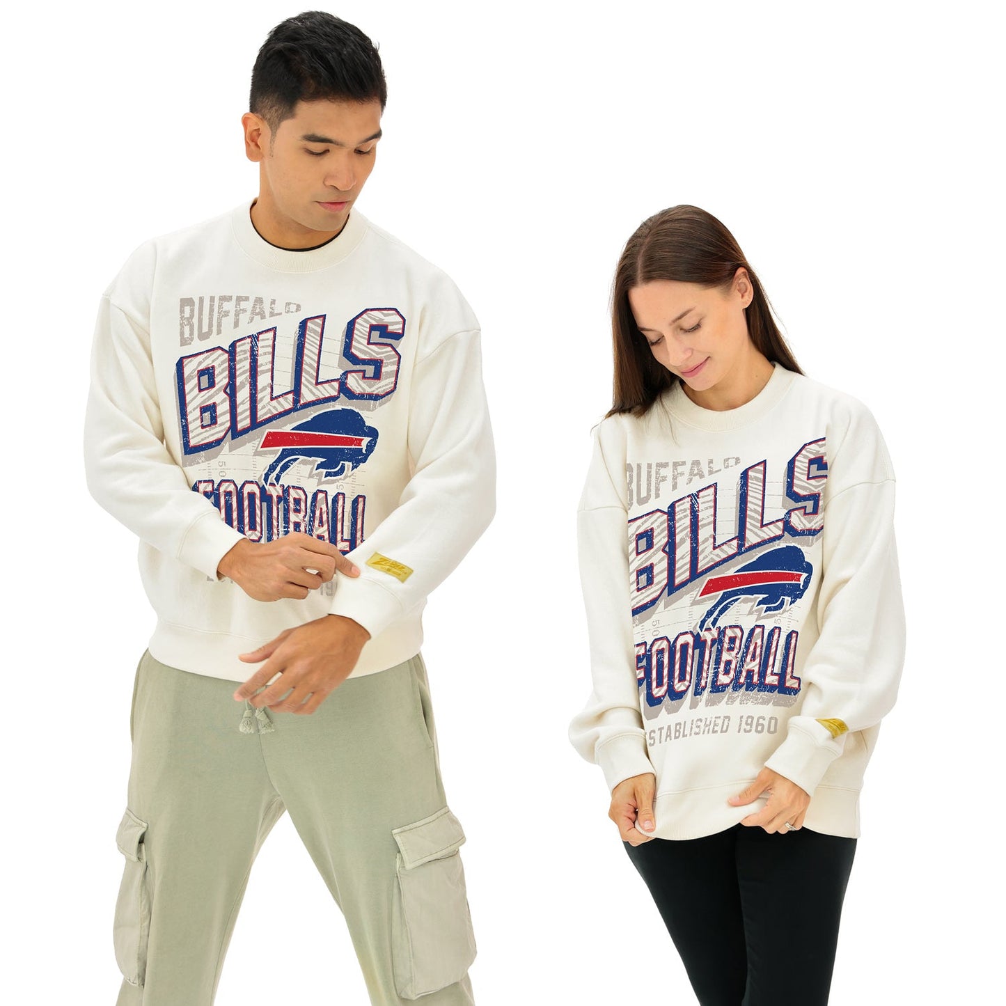 Zubaz NFL UNISEX 90s Vintage Shadow Drop Shoulder Crewneck- Off White, BUFFALO BILLS