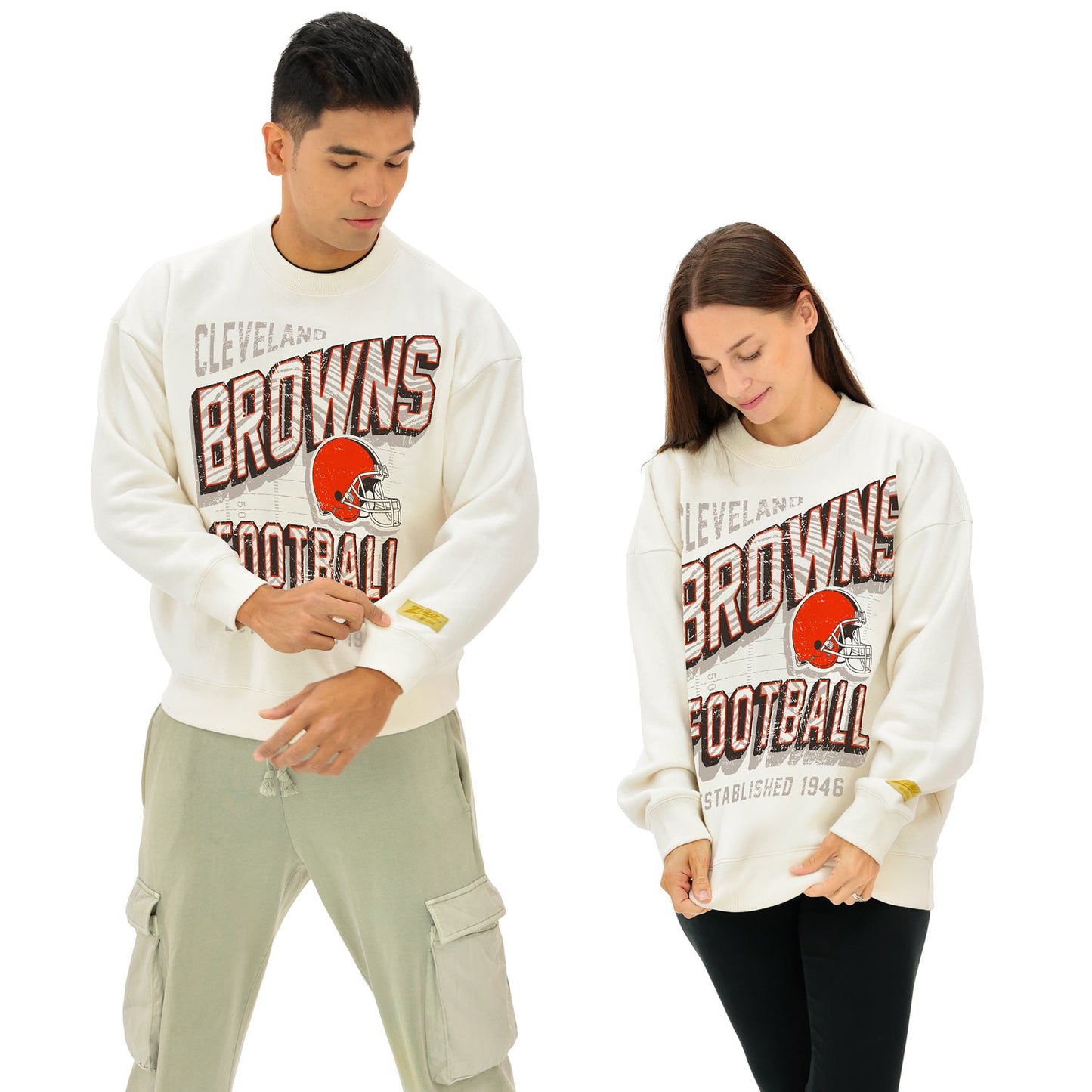 Zubaz NFL UNISEX 90s Vintage Shadow Drop Shoulder Crewneck- Off White, CLEVELAND BROWNS