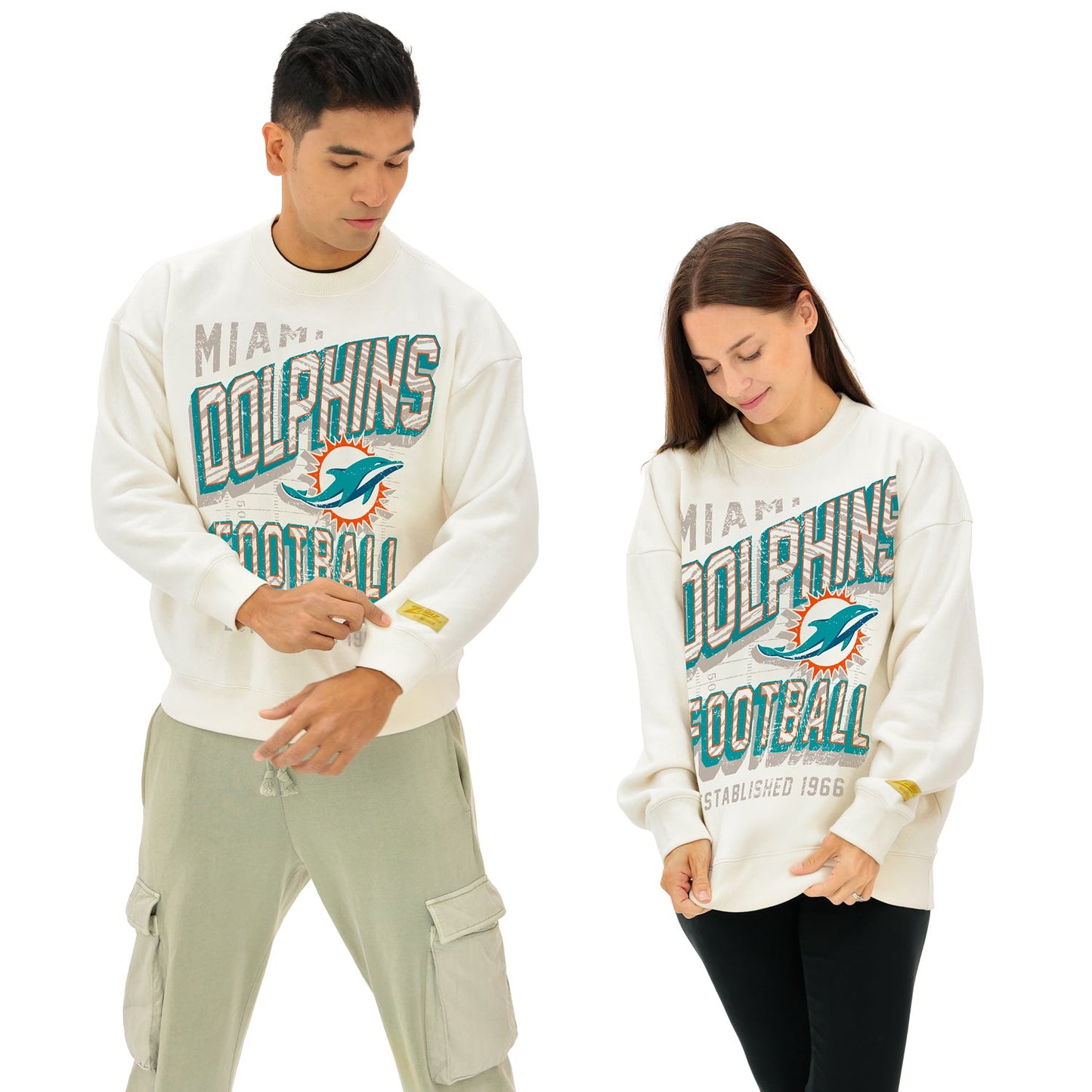 Zubaz NFL UNISEX 90s Vintage Shadow Drop Shoulder Crewneck- Off White, MIAMI DOLPHINS