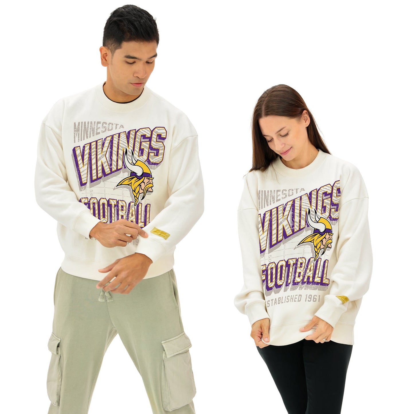 Zubaz NFL UNISEX 90s Vintage Shadow Drop Shoulder Crewneck- Off White, MINNESOTA VIKINGS