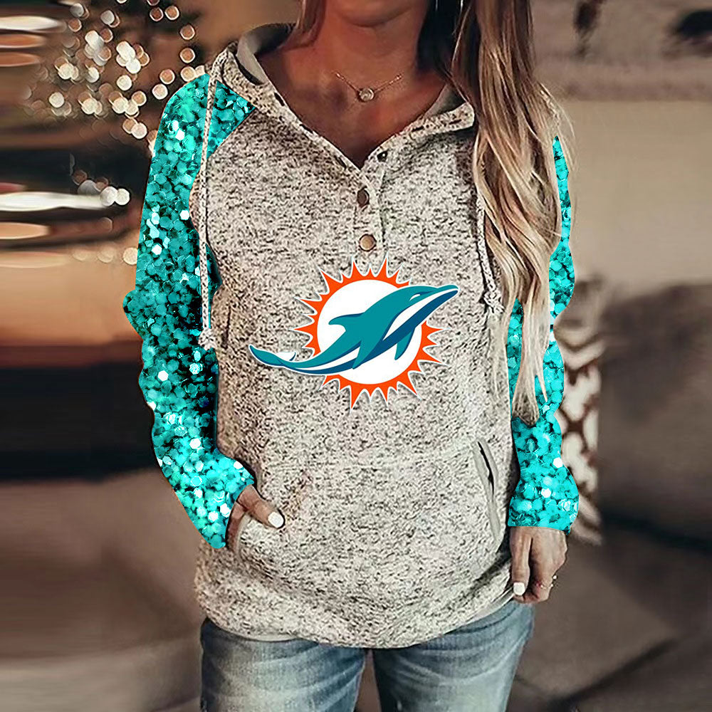 Casual Sequined Sleeves Loose Stitched Print Hoodie