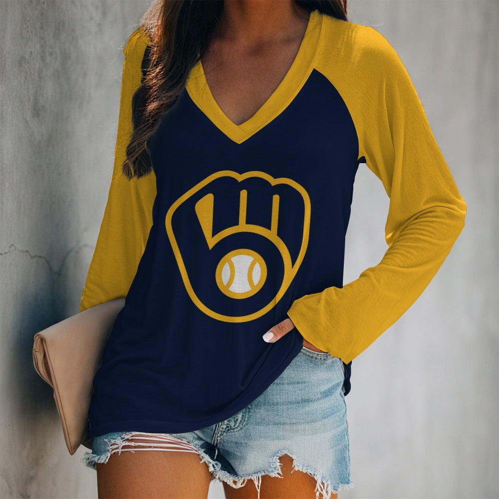 Women's V-neck Double-layered Long-sleeved Loose T-shirt