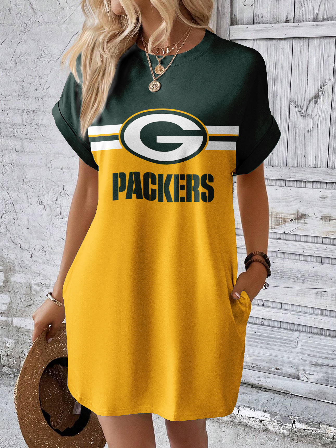 Green Bay Packers Solid Hidden Pocket Batwing Sleeve Tee Dress