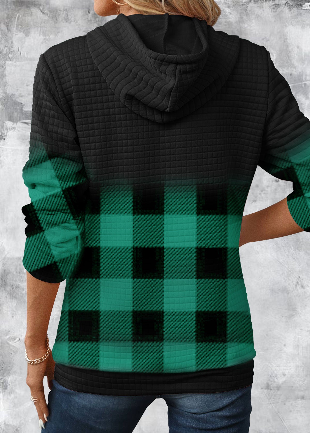 Gradient Patchwork Plaid Long Sleeve Hoodie