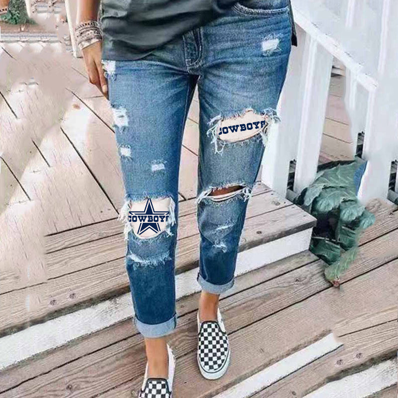 casual fashion perforated printed jeans
