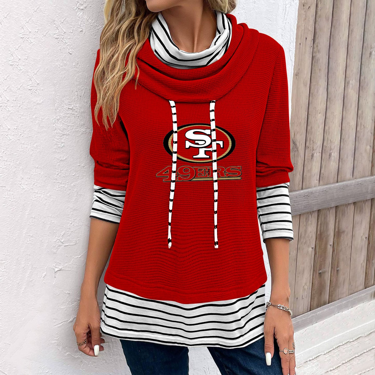 Patchwork Striped Cowl Neck Long Sleeve Sweatshirt