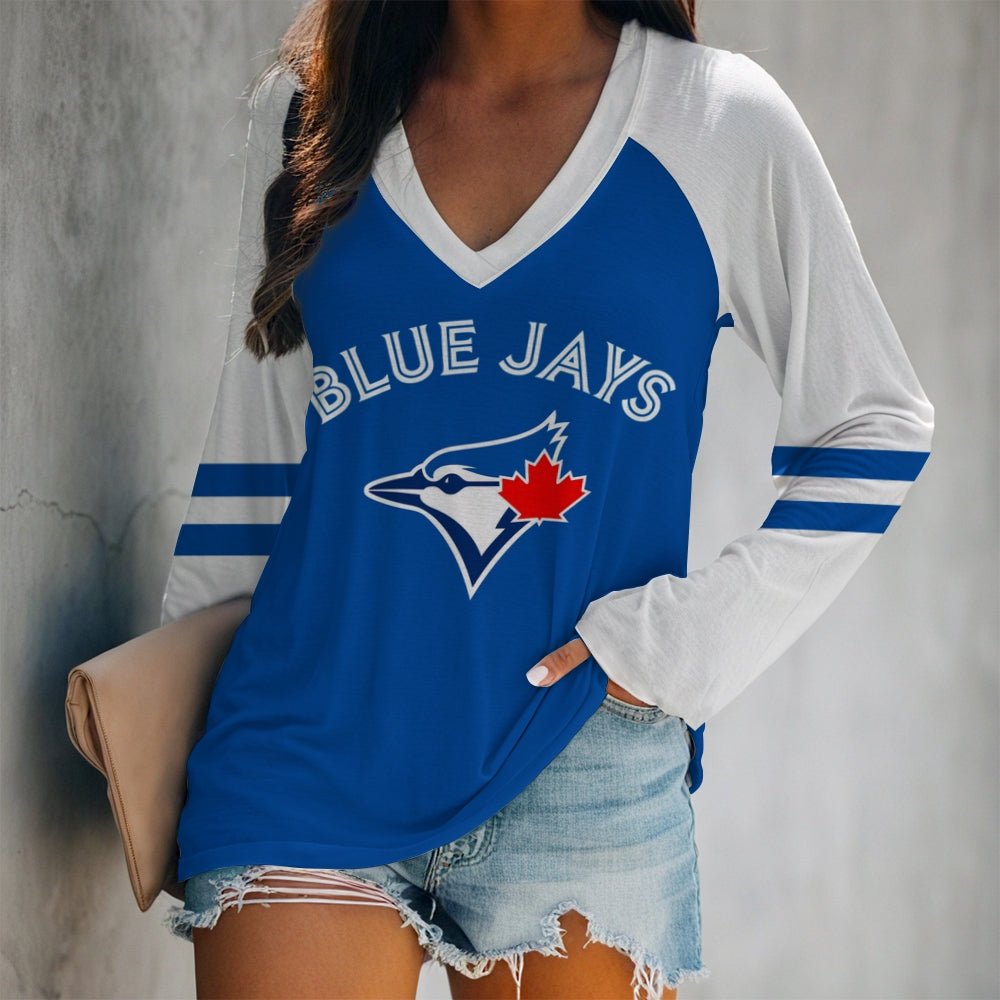 Women's V-neck Double-layered Long-sleeved Loose T-shirt