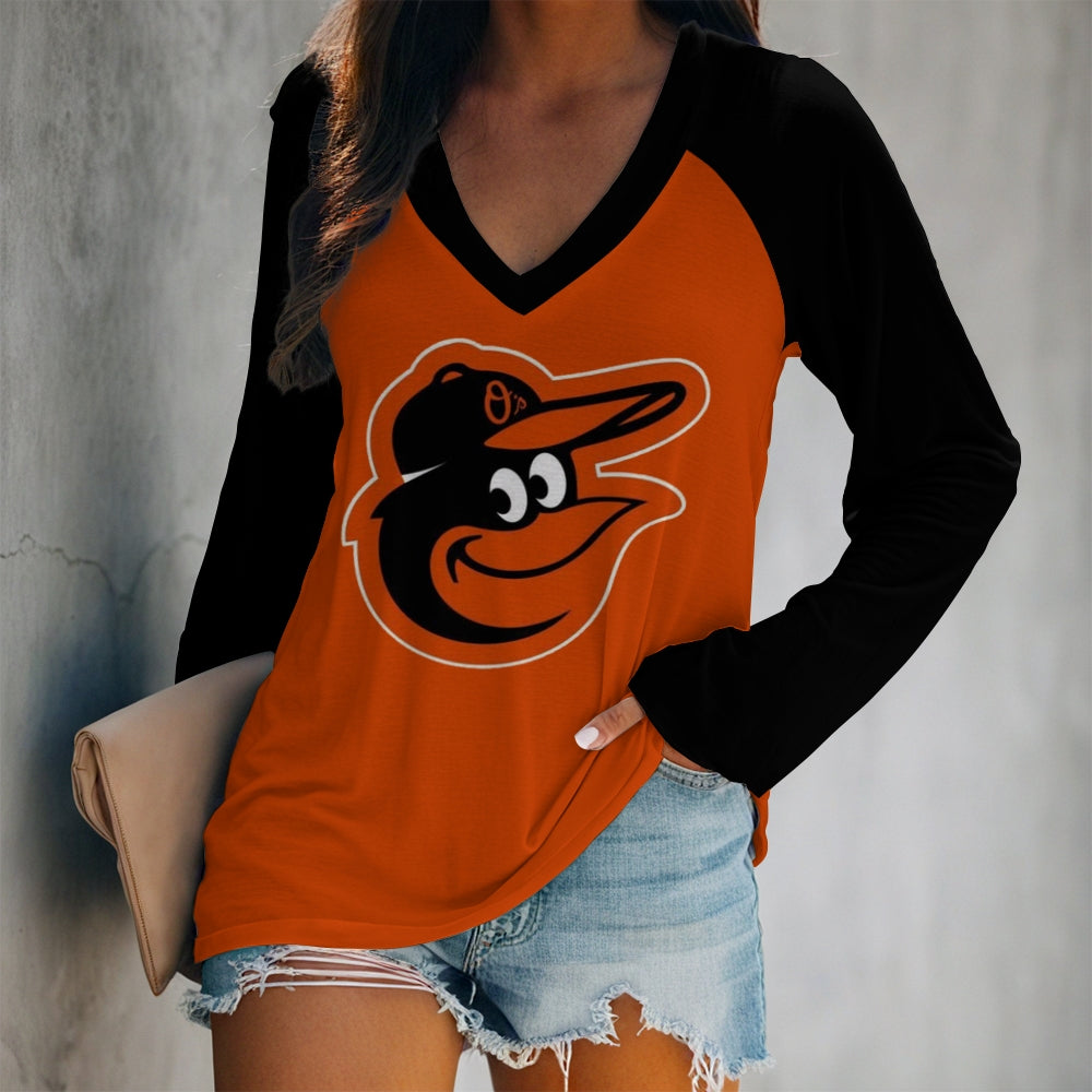 Women's V-neck Double-layered Long-sleeved Loose T-shirt