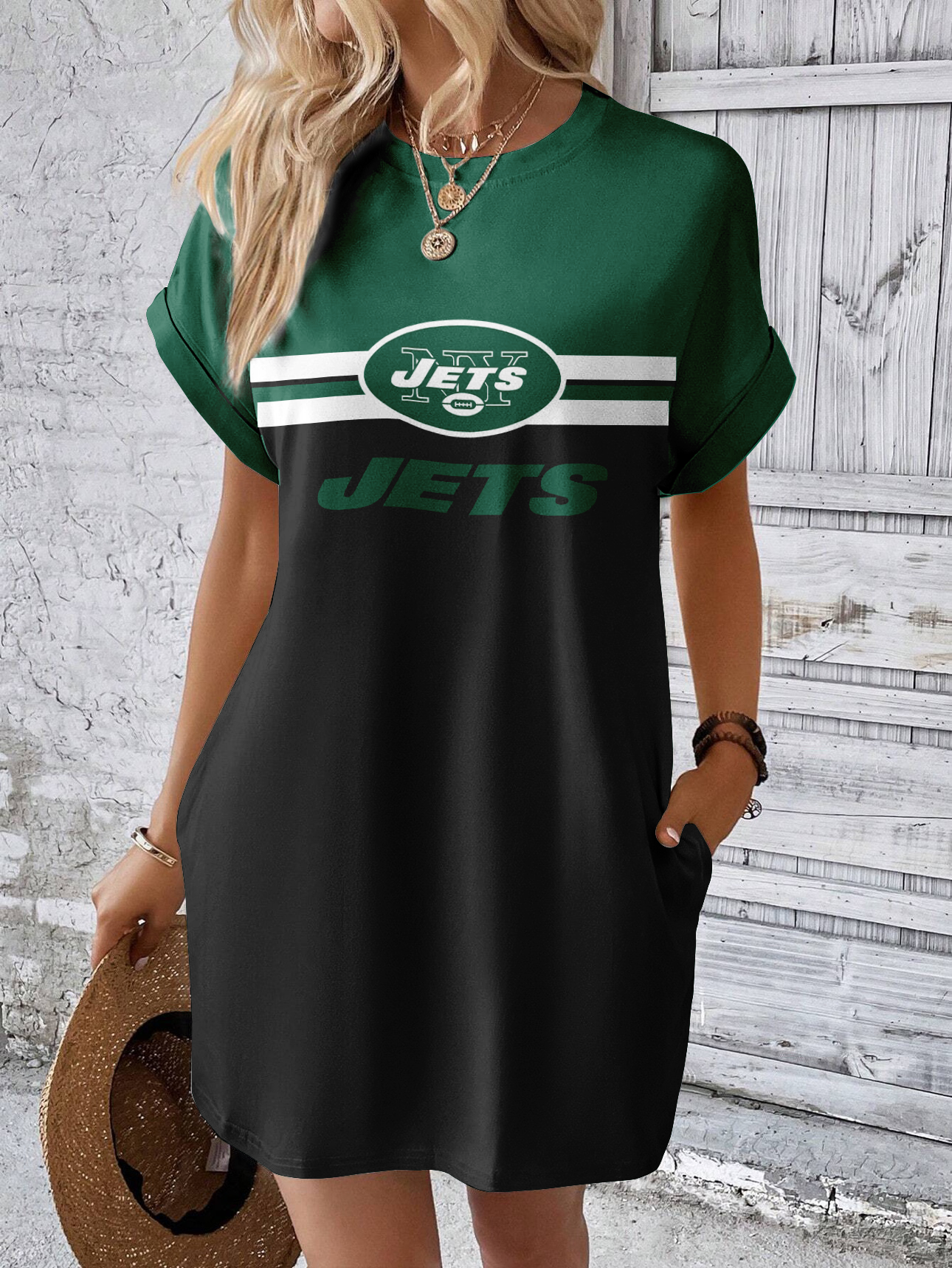 New York Jets Solid Hidden Pocket Batwing Sleeve Tee Dress