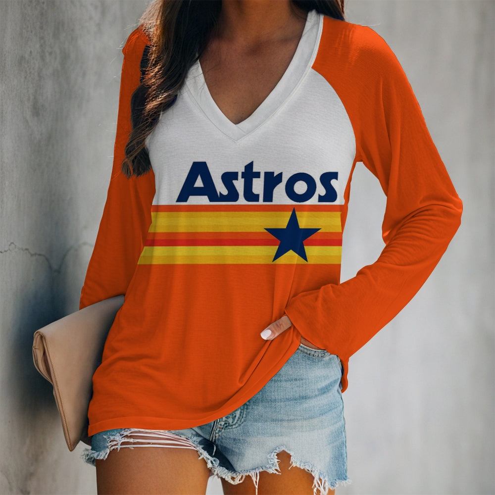 Women's V-neck Double-layered Long-sleeved Loose T-shirt