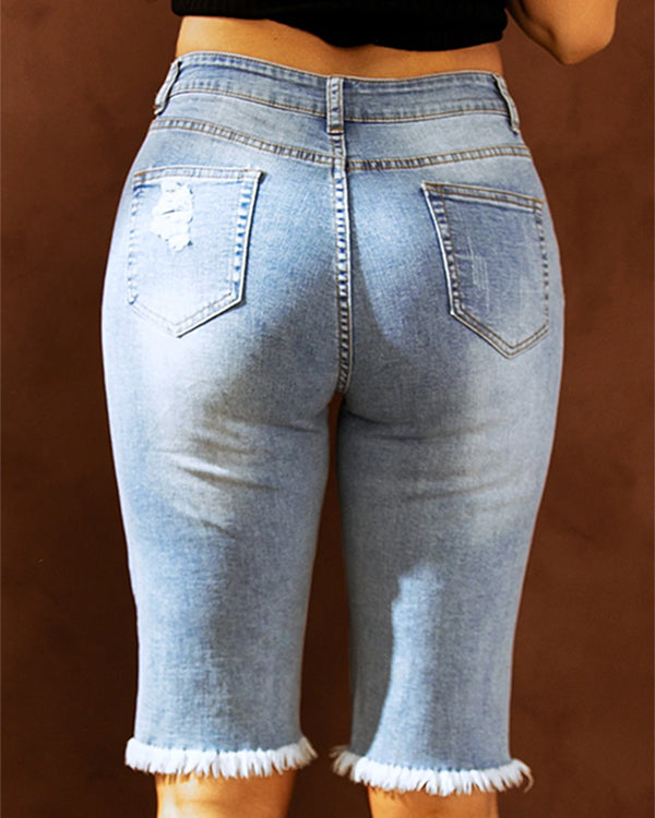 MID-RISE RIPPED PATCHES DENIM BERMUDA SHORTS