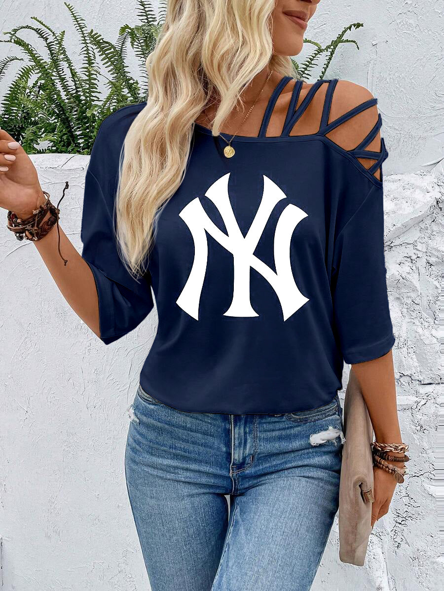 Yankees Criss Cross Asymmetrical Neck Tee