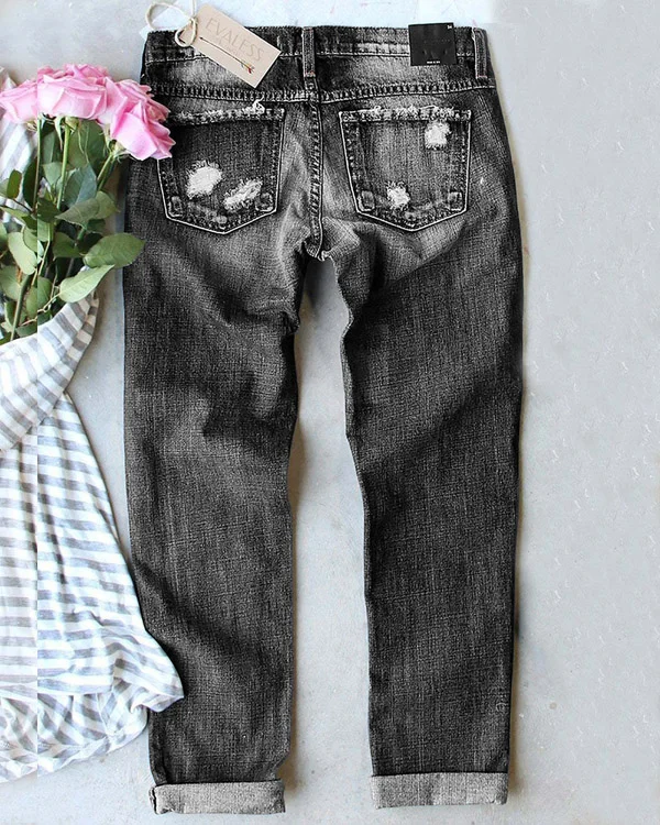 STRETCH RIPPED FRAYED RAW HEM DISTRESSED DENIM JEANS WITH HOLE