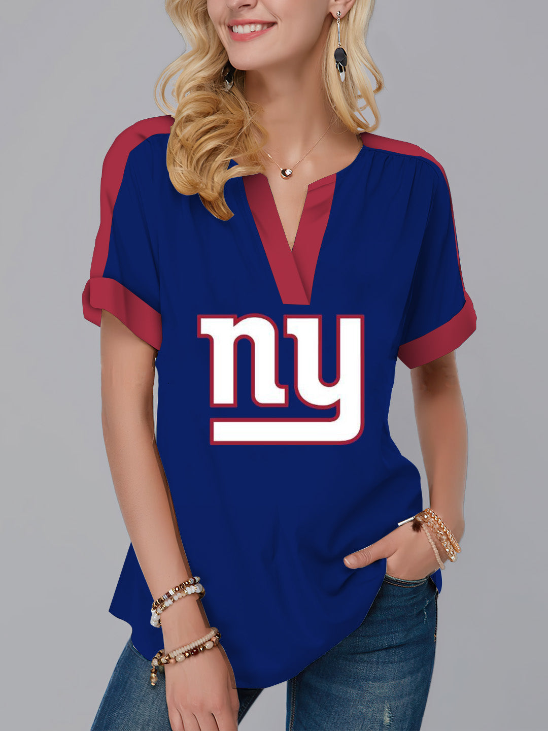 New York Giants Fashion Short Sleeve V-Neck Shirt