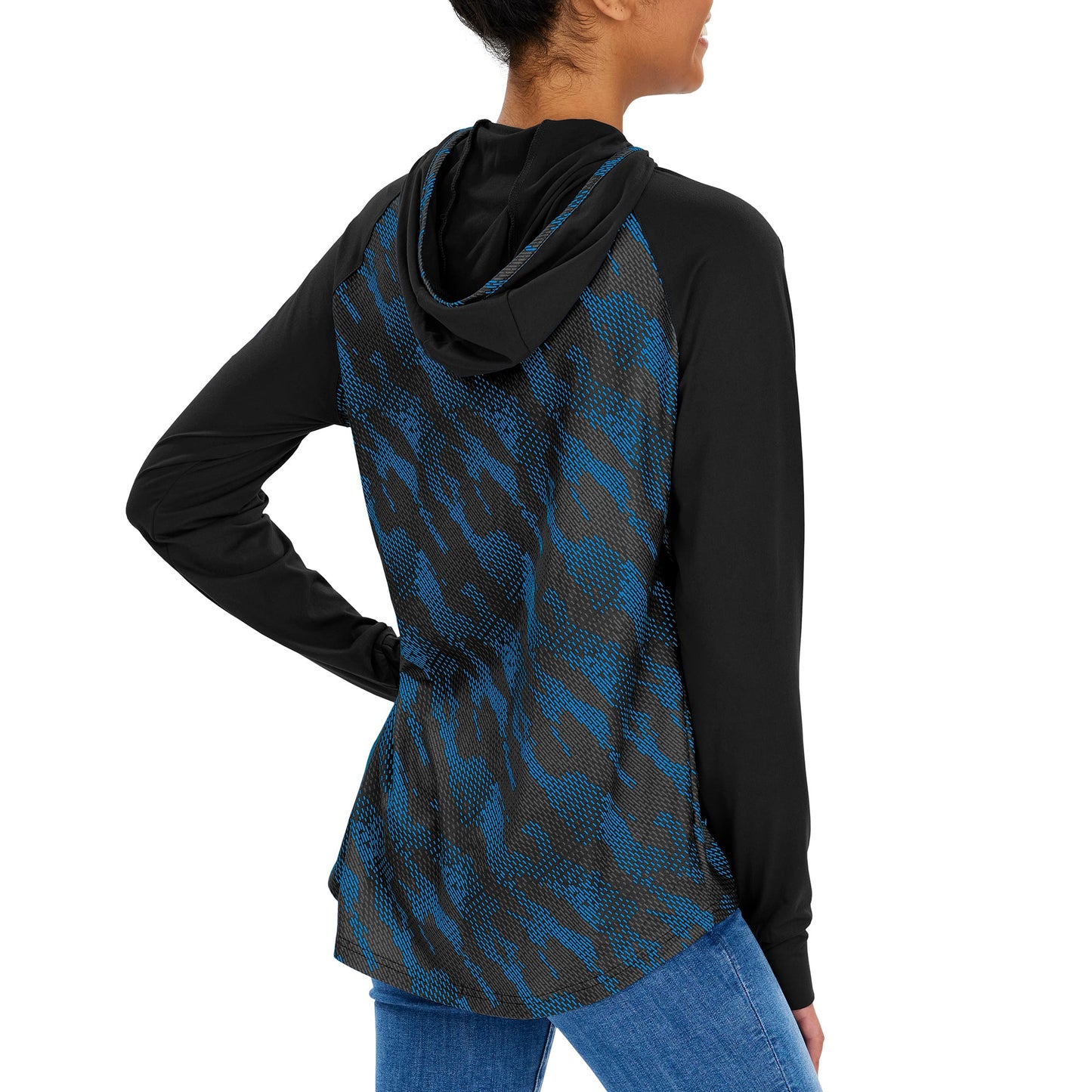 Zubaz NFL CAROLINA PANTHERS WOMENS BLACK ELEVATED LW HOOD W/ BLACK/FLUORESCENT BLUE VIPER PRINT BACK LG