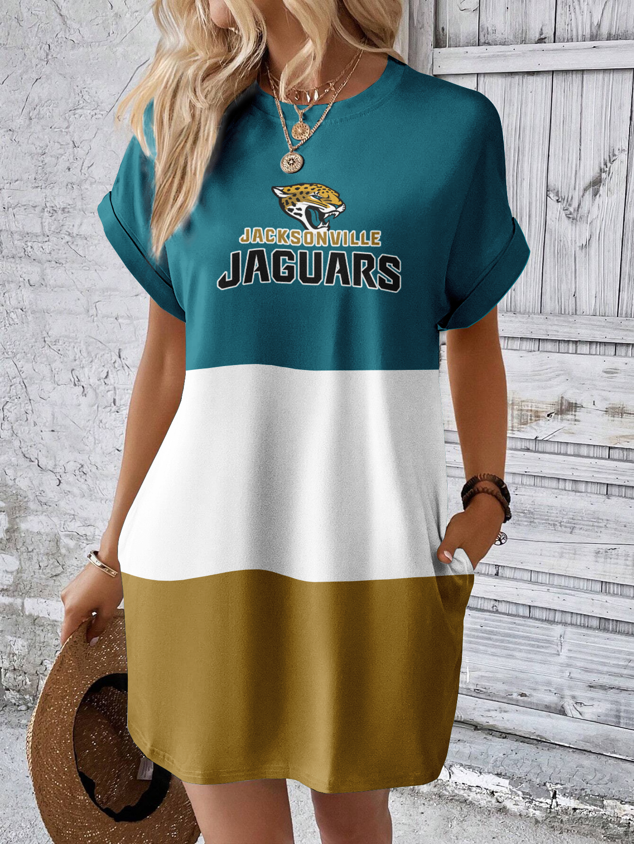 Jacksonville Jaguars Solid Hidden Pocket Batwing Sleeve Tee Dress