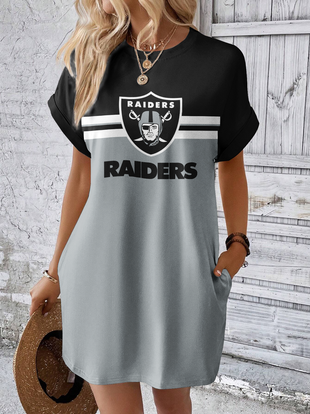 Las Vegas Raiders Solid Hidden Pocket Batwing Sleeve Tee Dress