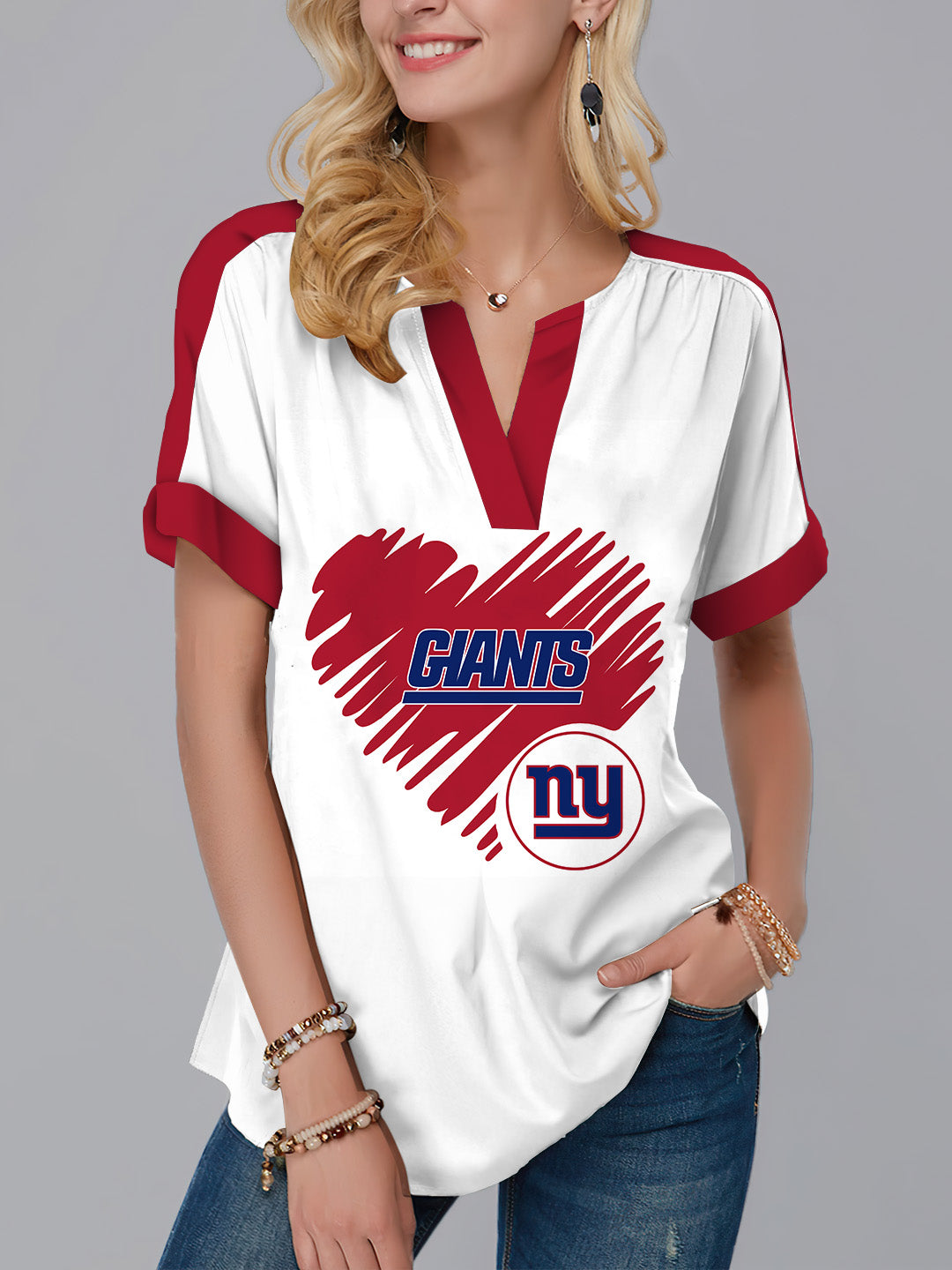 New York Giants Fashion Short Sleeve V-Neck Shirt