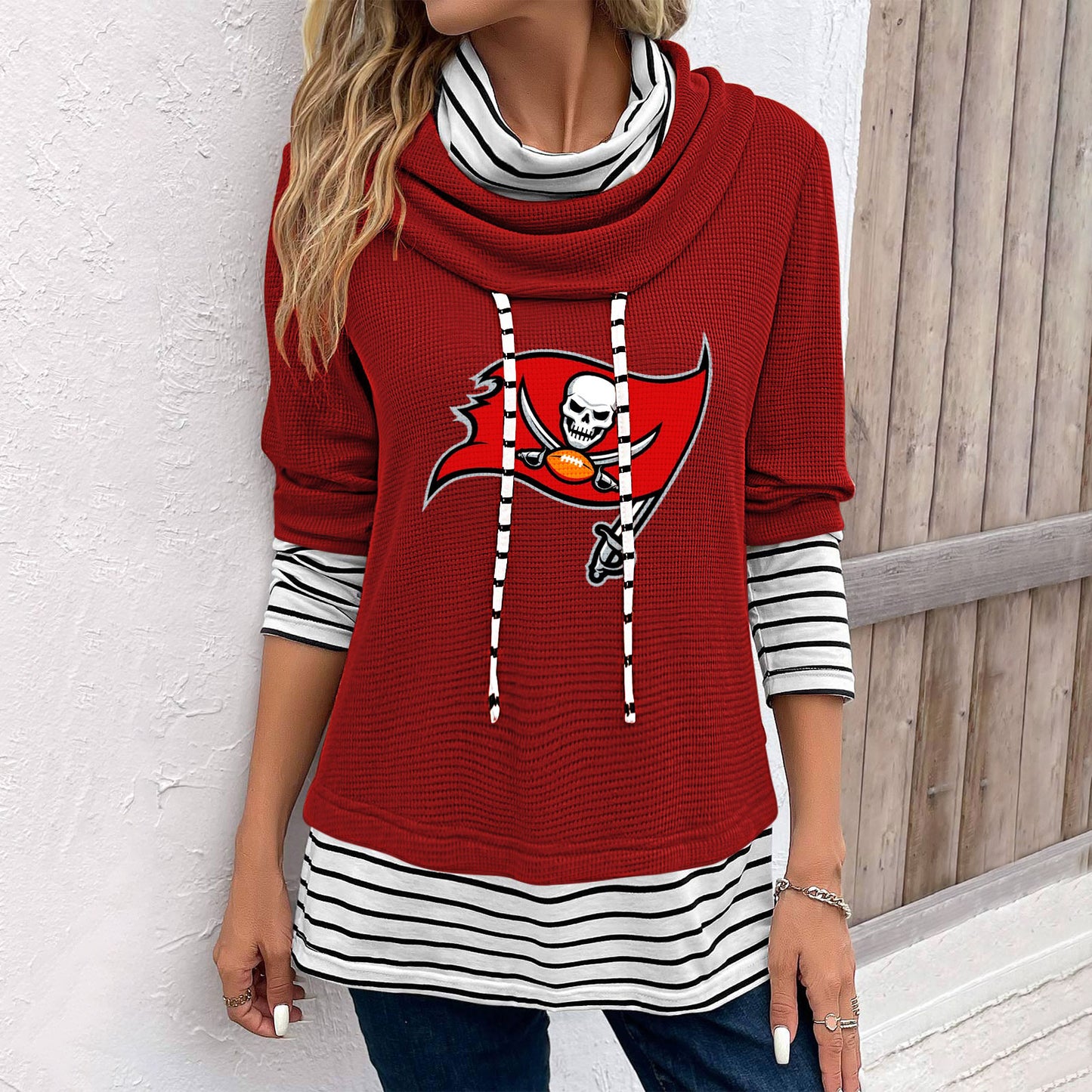 Patchwork Striped Cowl Neck Long Sleeve Sweatshirt