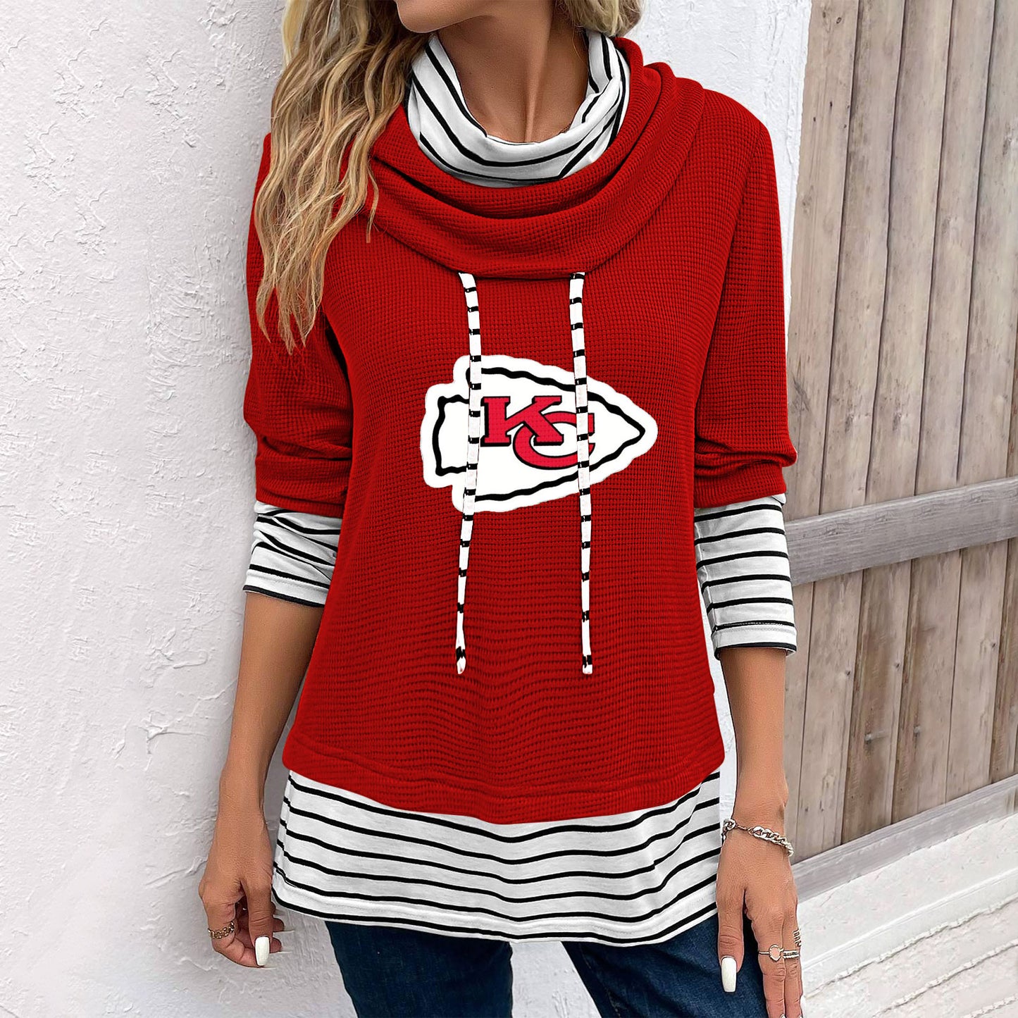 Patchwork Striped Cowl Neck Long Sleeve Sweatshirt