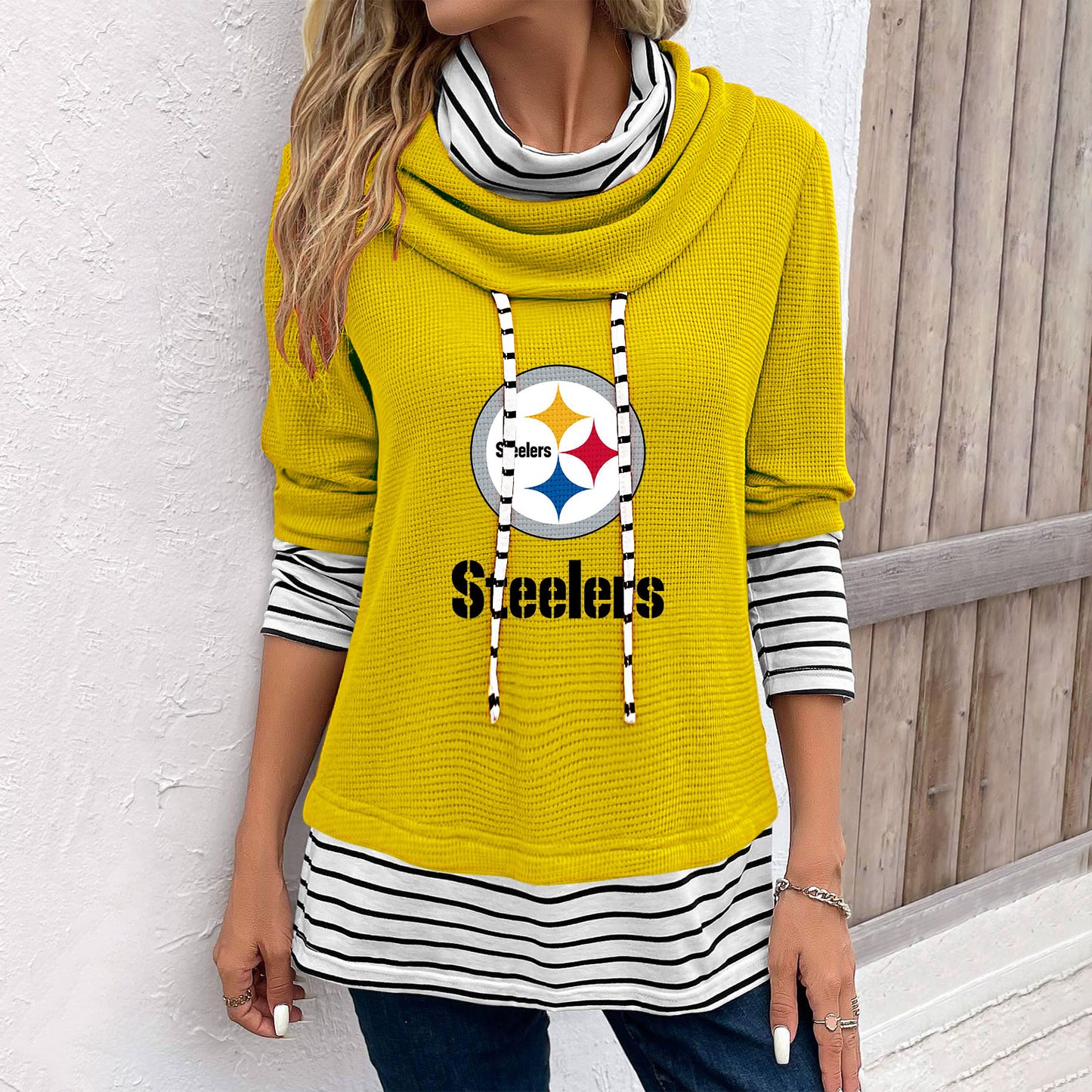 Patchwork Striped Cowl Neck Long Sleeve Sweatshirt