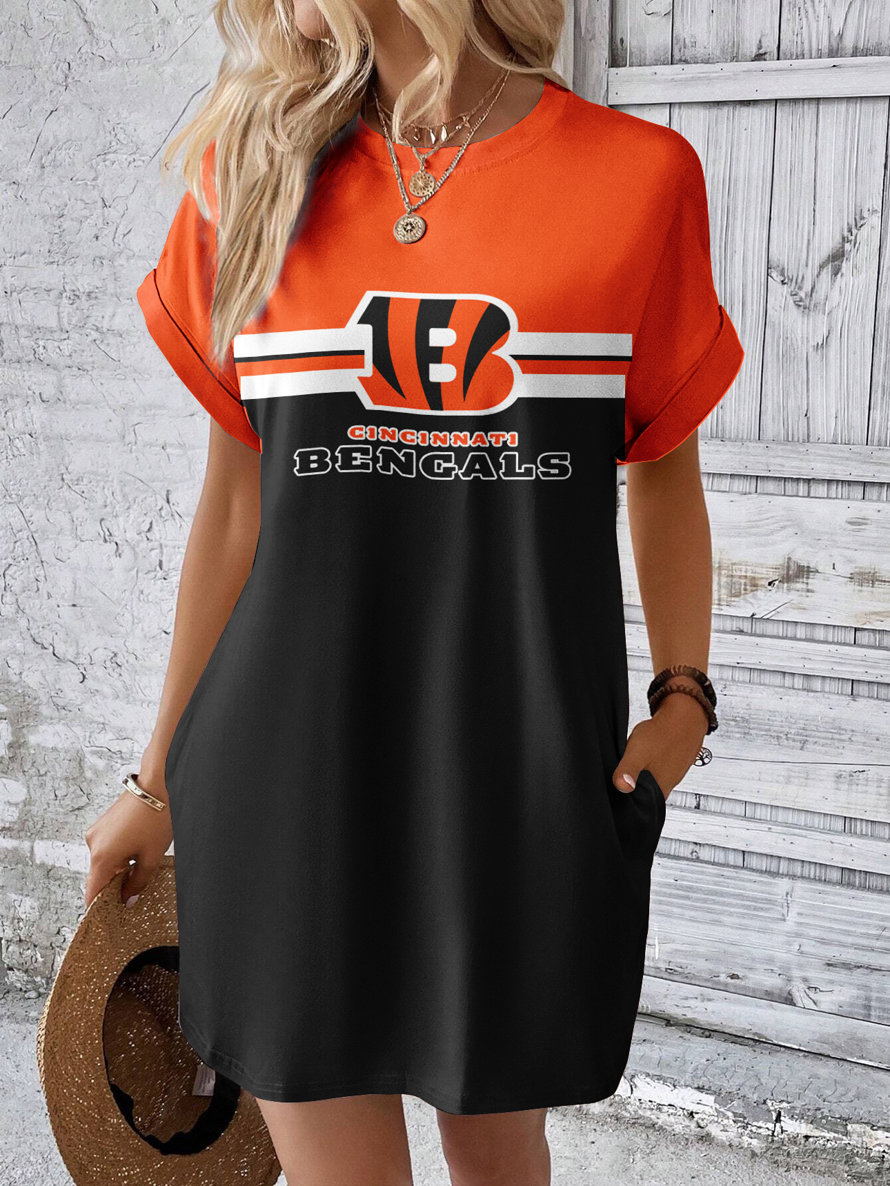 Cincinnati Bengals Solid Hidden Pocket Batwing Sleeve Tee Dress