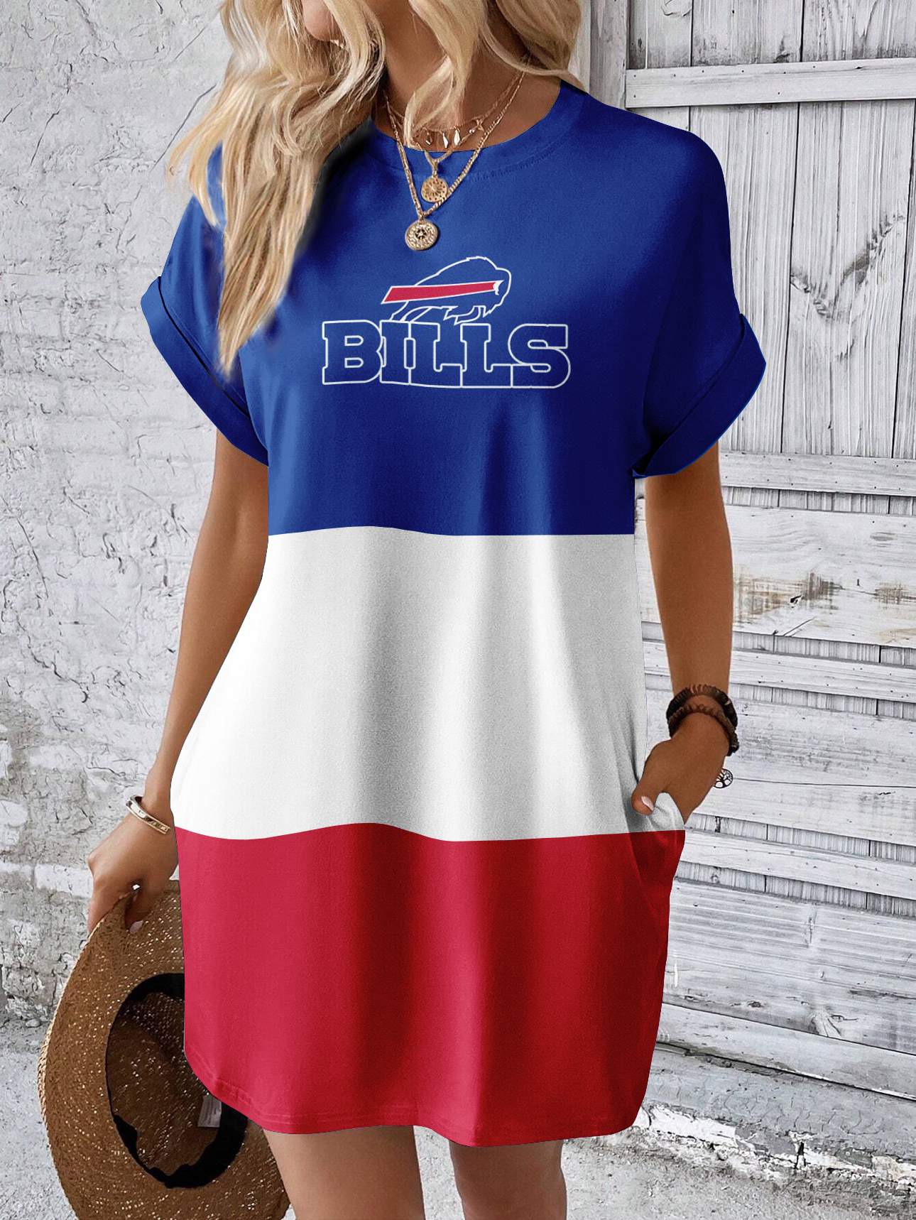 Buffalo Bills Solid Hidden Pocket Batwing Sleeve Tee Dress