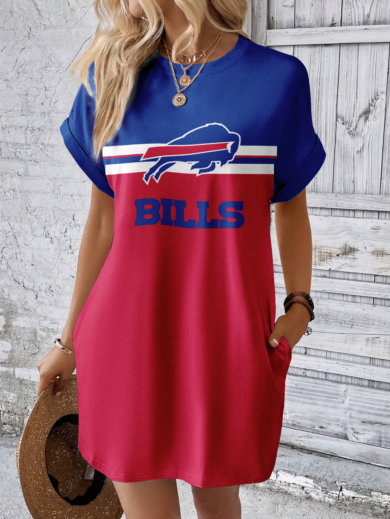 Buffalo Bills Solid Hidden Pocket Batwing Sleeve Tee Dress