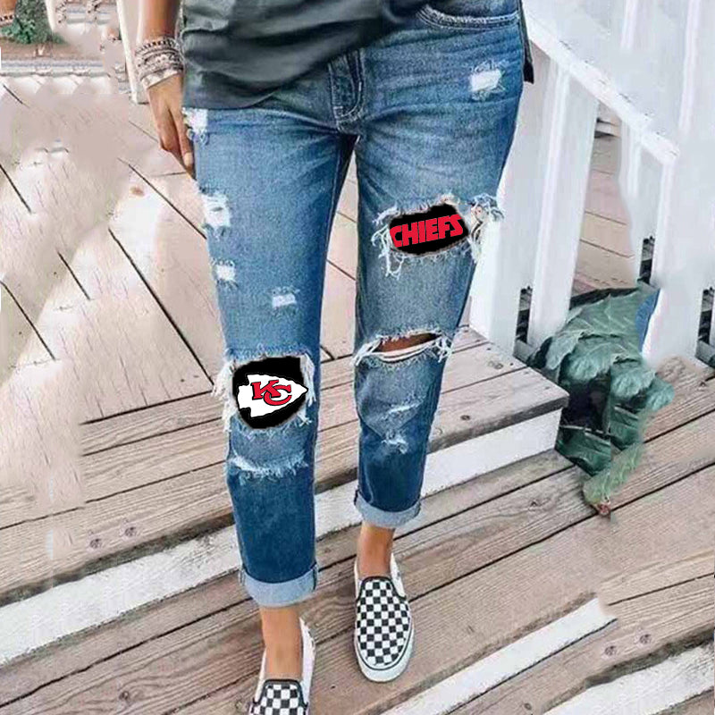 casual fashion perforated printed jeans