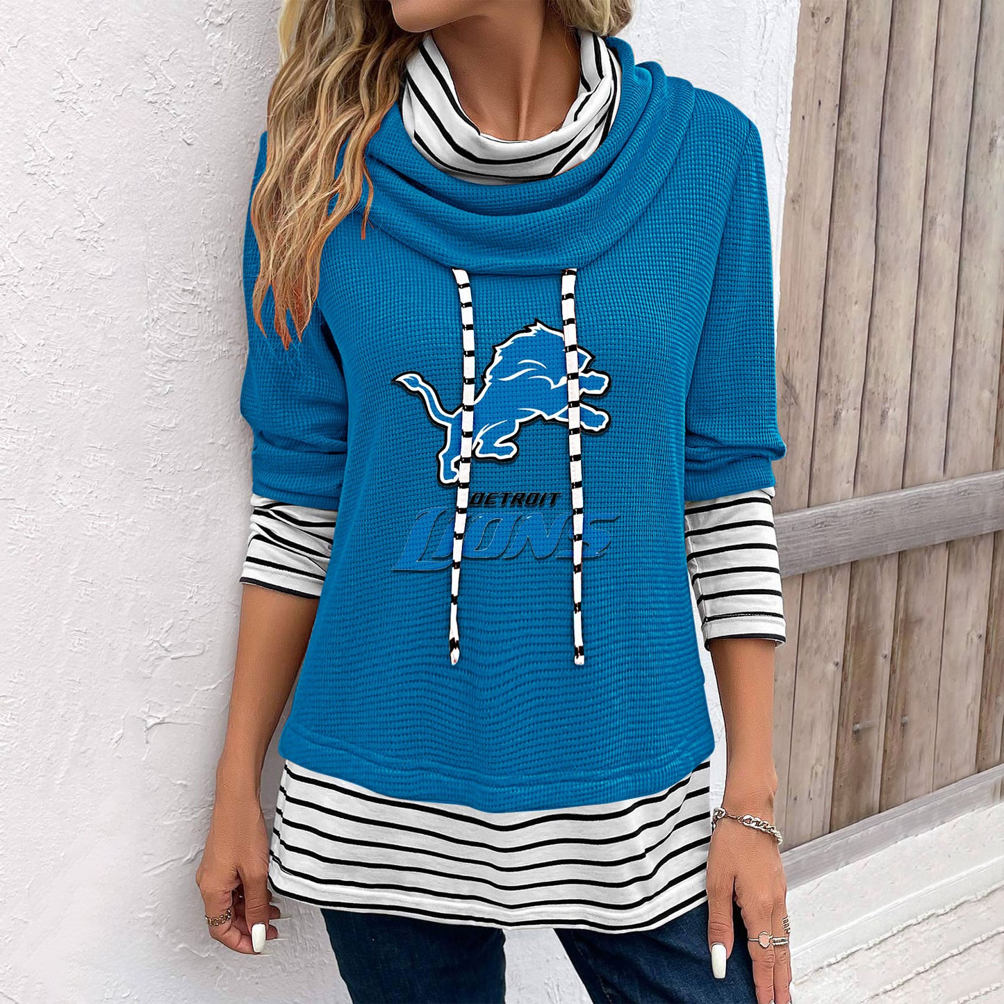 Patchwork Striped Cowl Neck Long Sleeve Sweatshirt