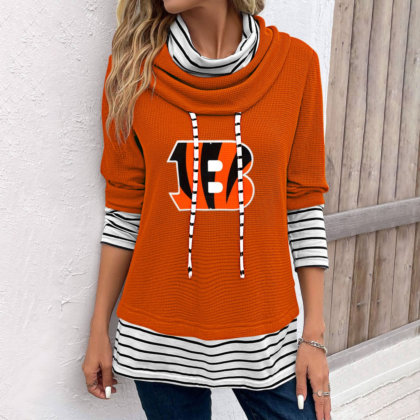 Patchwork Striped Cowl Neck Long Sleeve Sweatshirt
