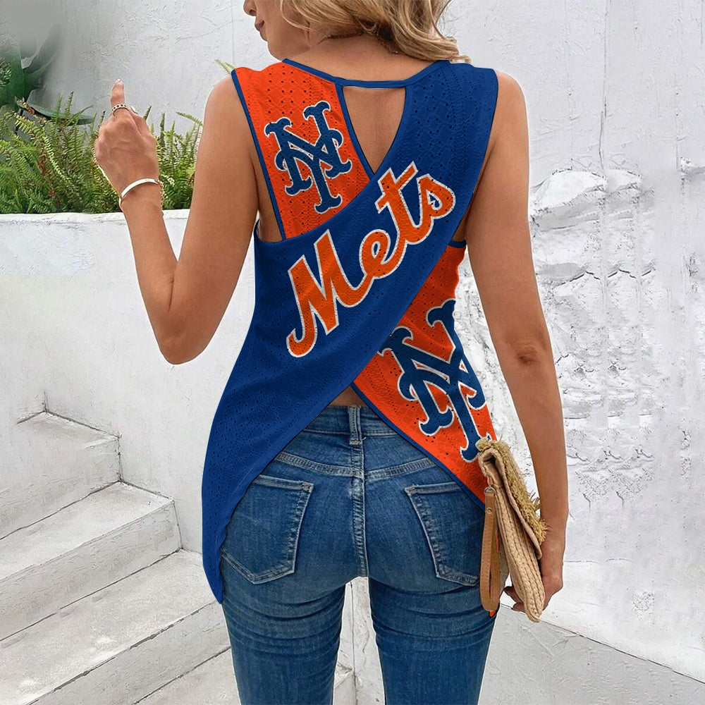 Mets Cut Out Wrap Cross Wrap Back Asymmetrical Beach Tank Top