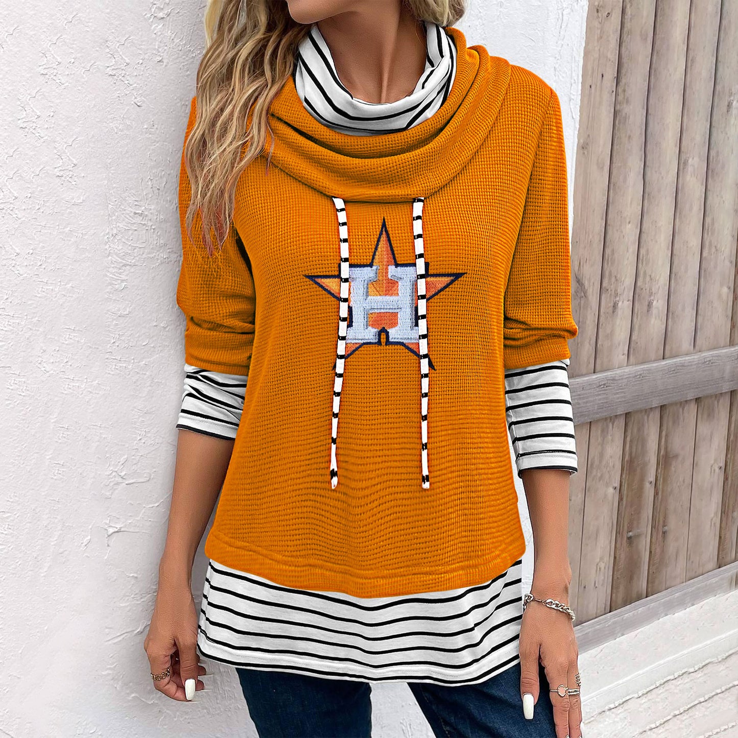 Patchwork Striped Cowl Neck Long Sleeve Sweatshirt