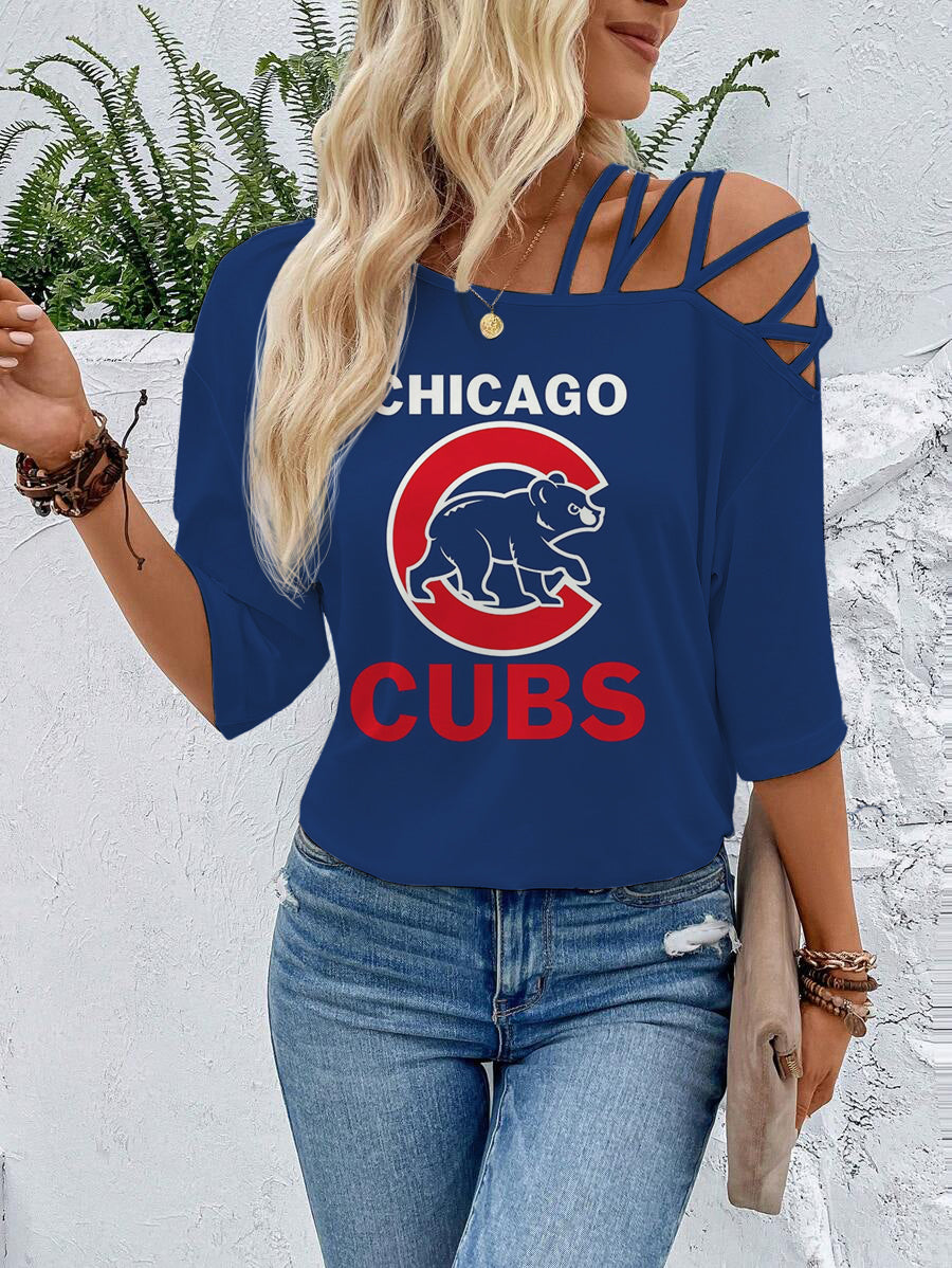 Cubs Criss Cross Asymmetrical Neck Tee