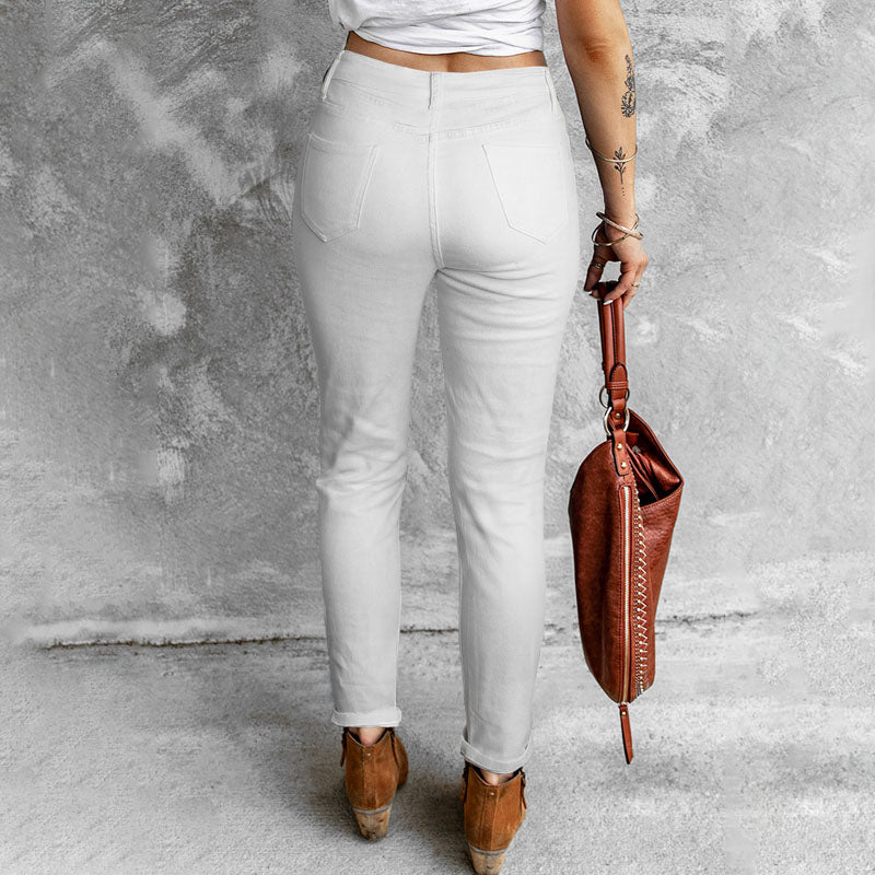 casual fashion perforated printed jeans