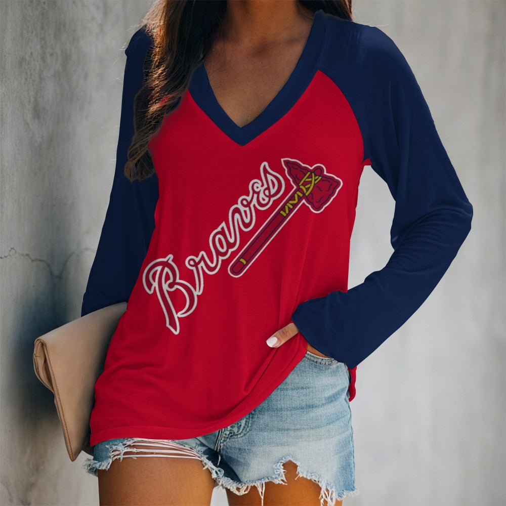 Women's V-neck Double-layered Long-sleeved Loose T-shirt