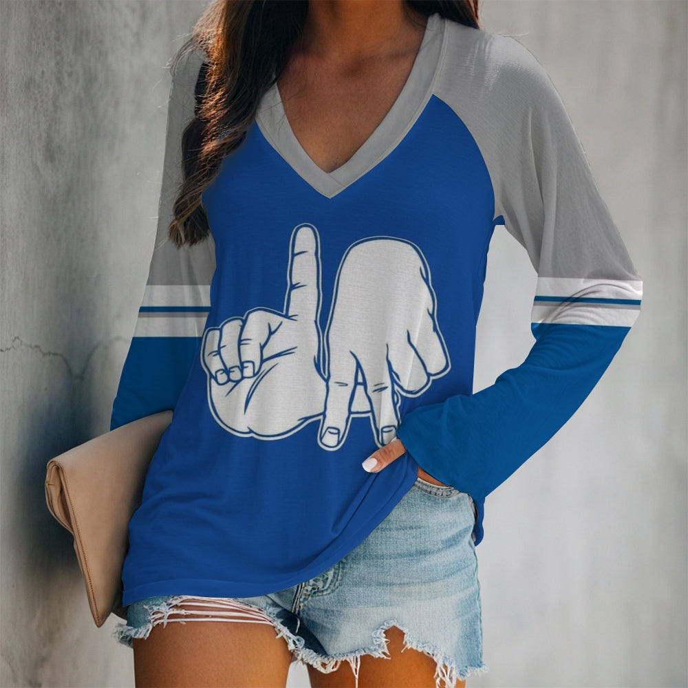 Women's V-neck Double-layered Long-sleeved Loose T-shirt