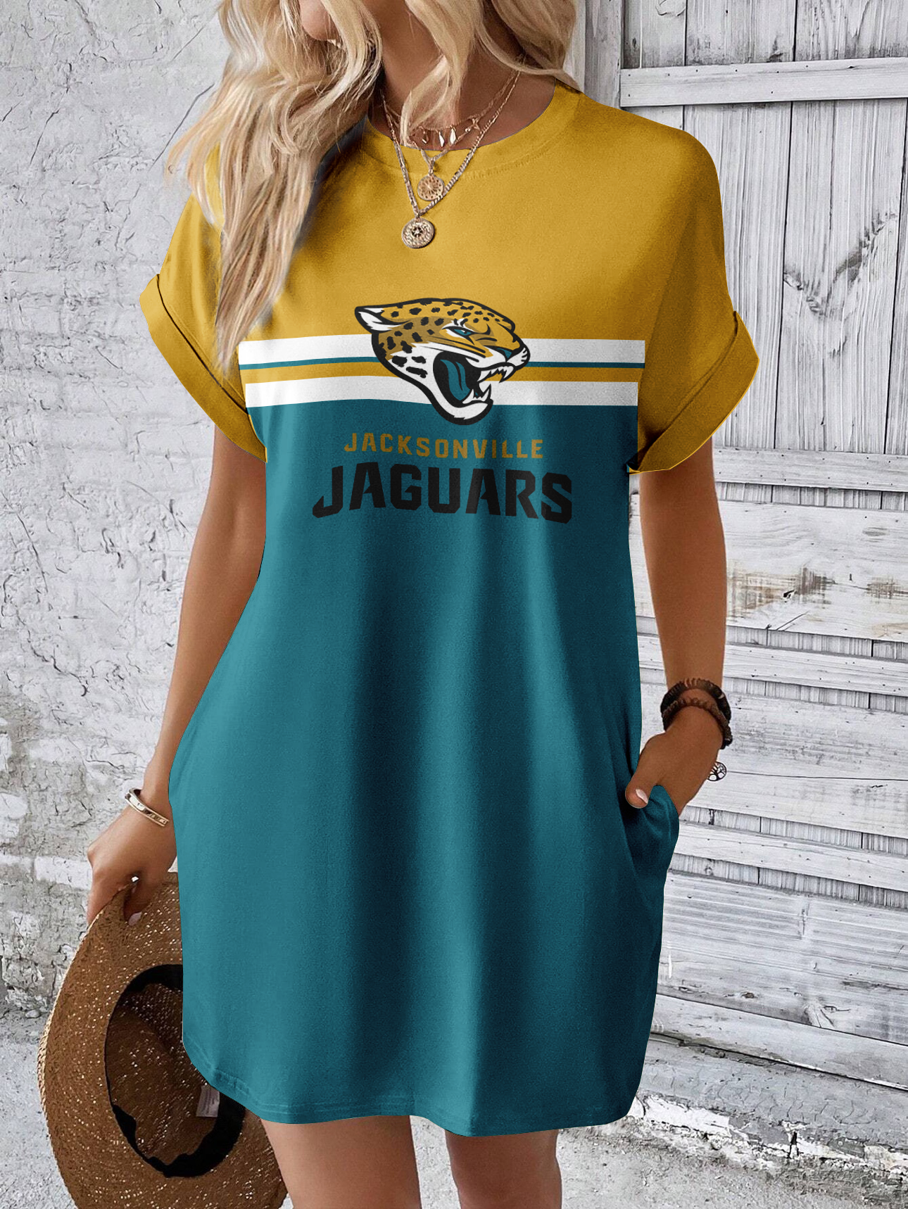 Jacksonville Jaguars Solid Hidden Pocket Batwing Sleeve Tee Dress