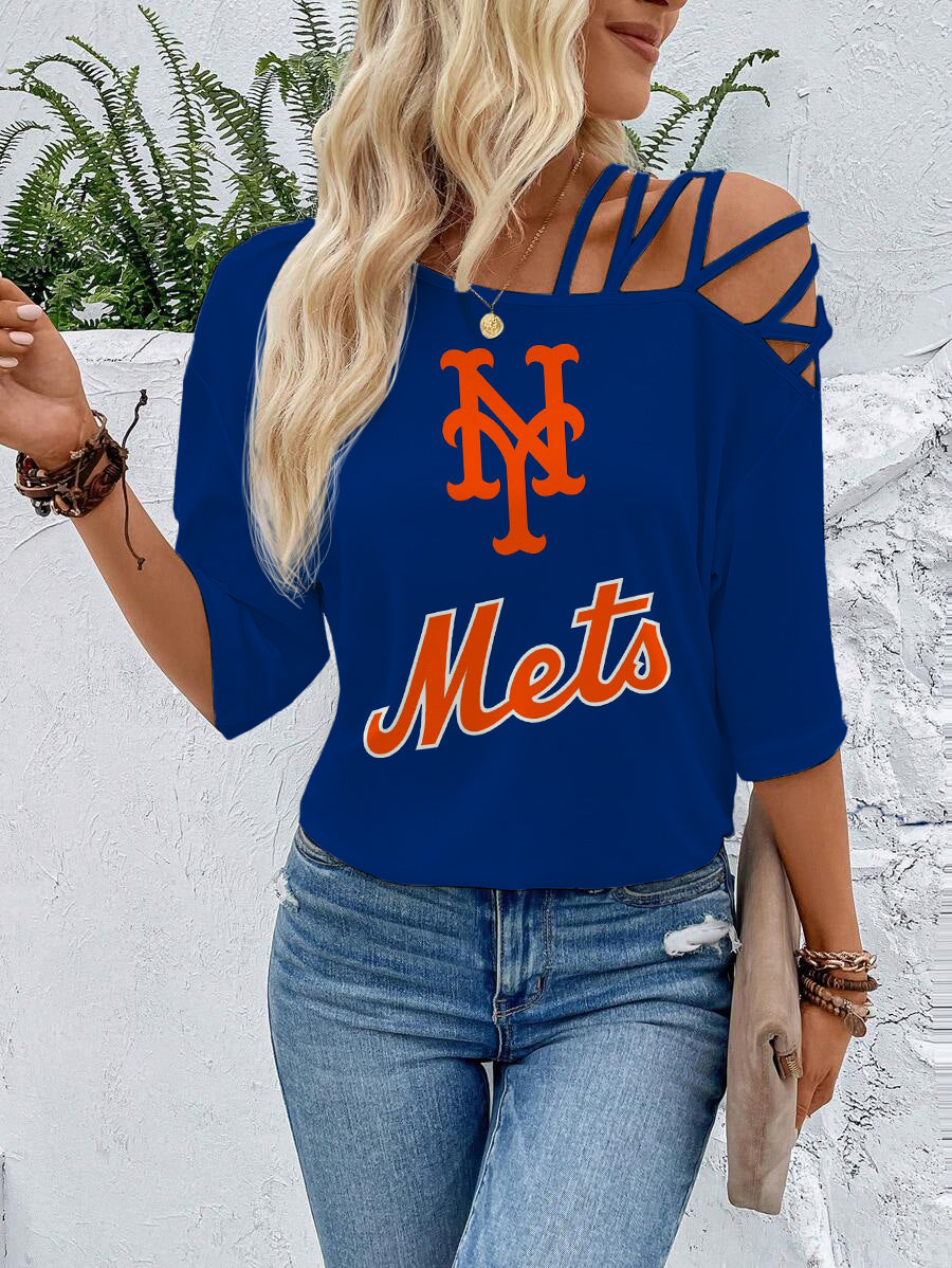 Mets Criss Cross Asymmetrical Neck Tee