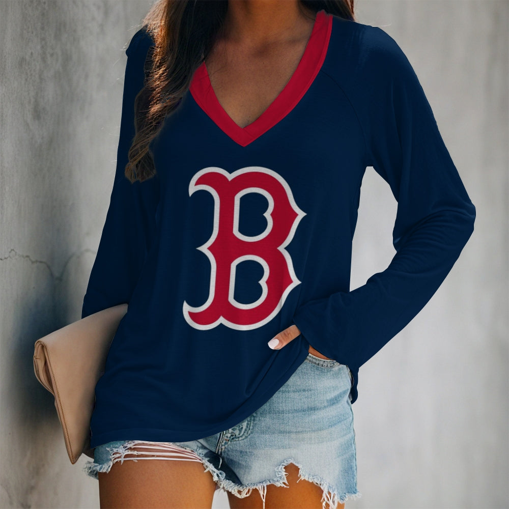 Women's V-neck Double-layered Long-sleeved Loose T-shirt